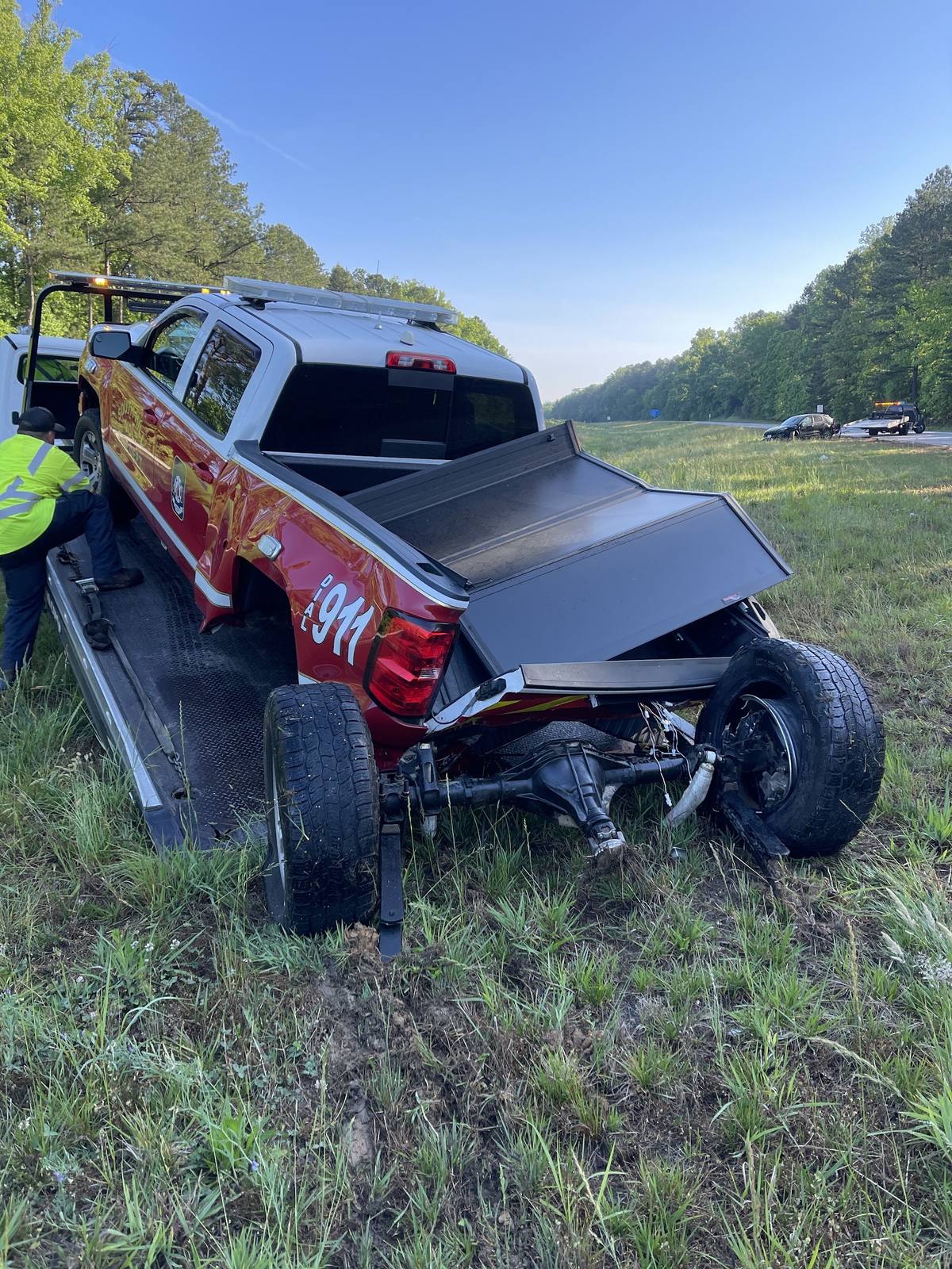 Rear damage to the South Hill command truck after the interstate strike