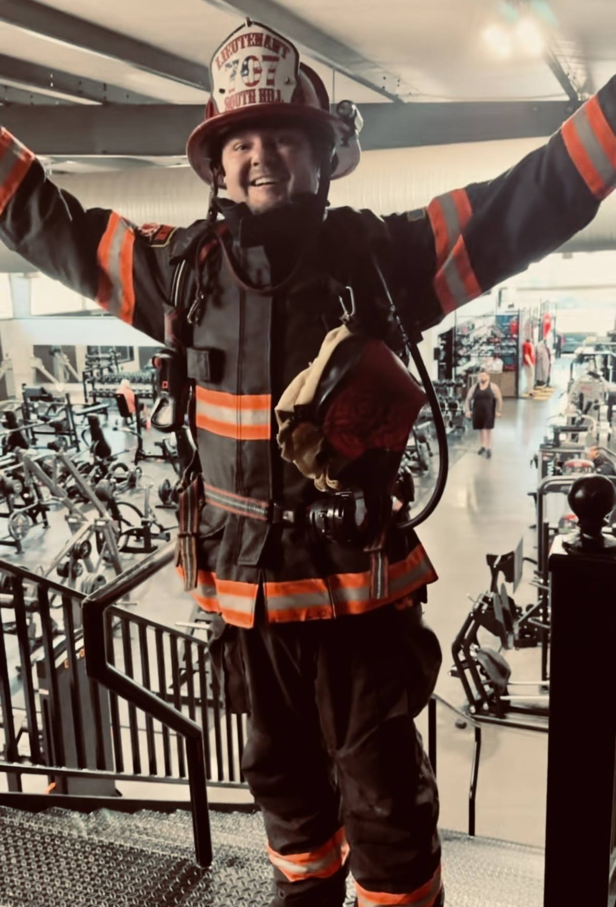 Derek Hazelwood immediately after completing the 9/11 memorial stair climb, 110 stories in full turnout gear